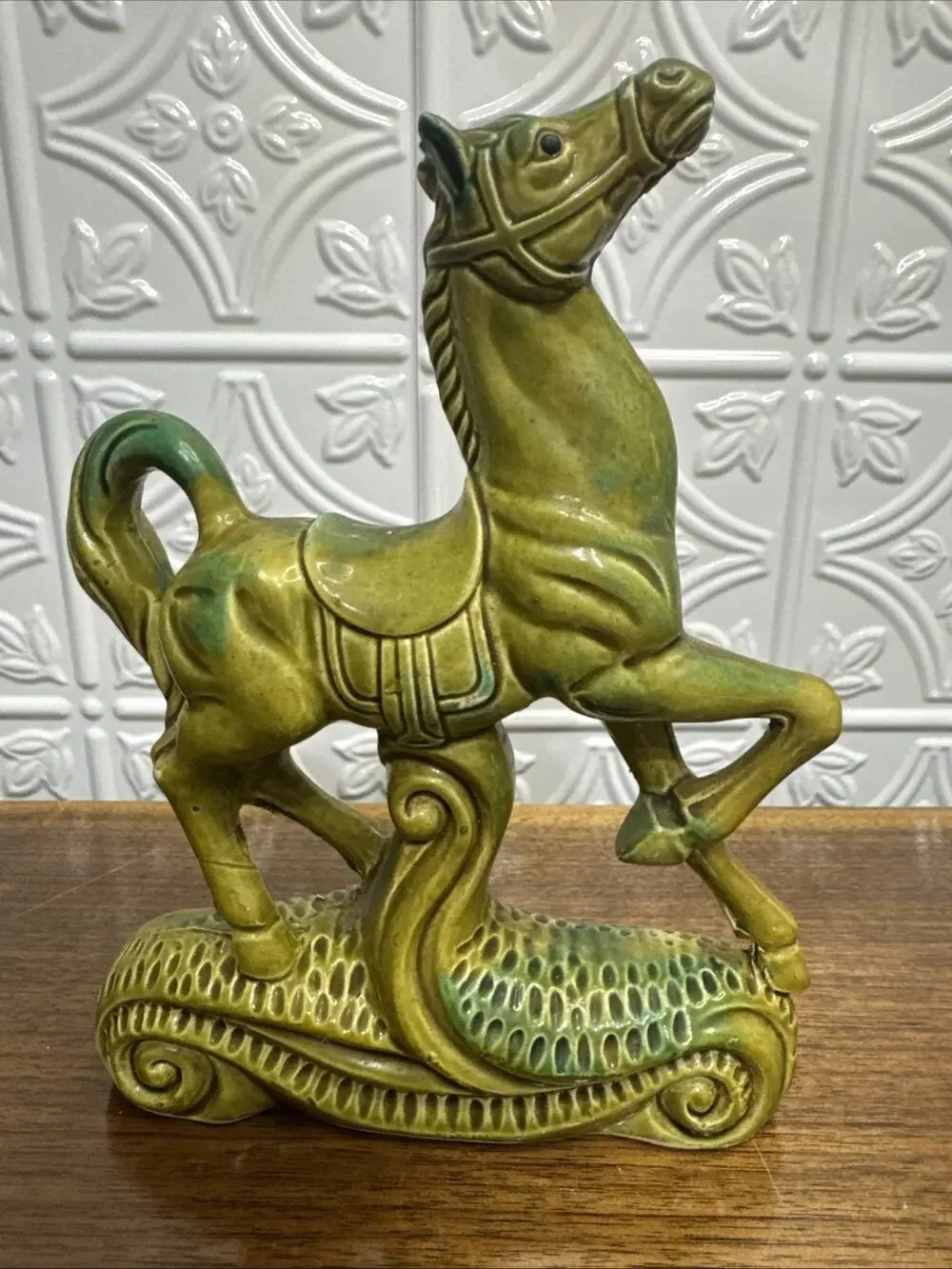 Vtg Glazed Ceramic Prancing Horse Figurine Green Japan 8.5”